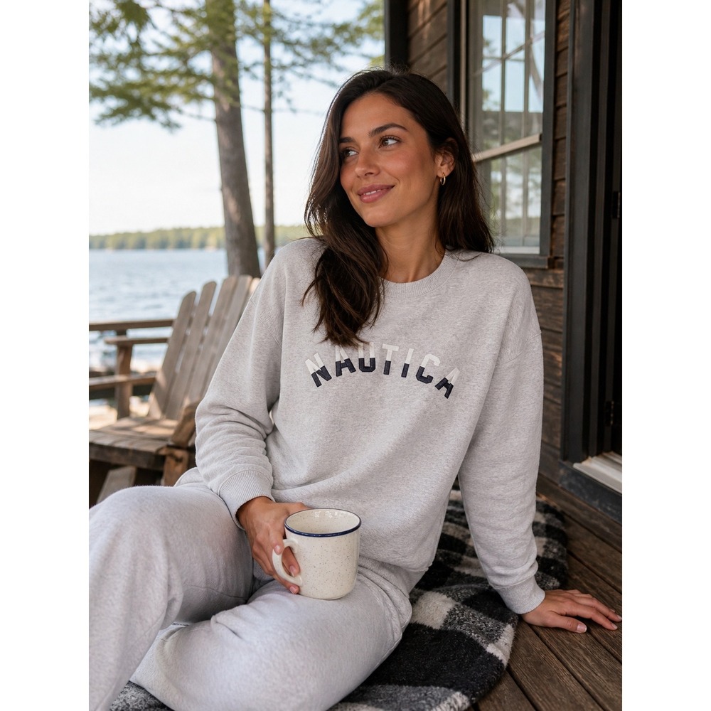 Nautica Womens Grey Heather Embroidered Logo Crossover Hem Sweatshirt 07K162 L